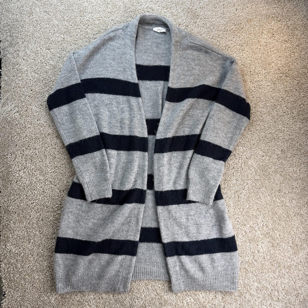 Sophie Rue Cardigan Sweater Womens M Gray Black Striped Open Front Longline